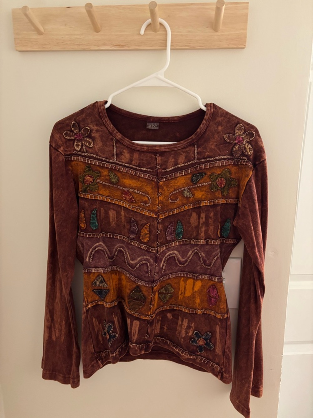 Boho Embroidered Brown Long-Sleeve Women's Top